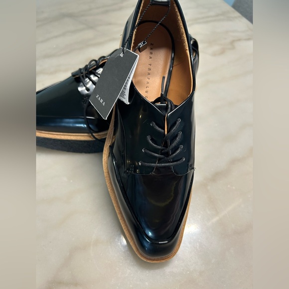 Zara Trafaluc Creeper Platform Oxford Shoe Women size 6 1/2 Black Patent Lace Up - Picture 5 of 11